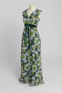 Vintage 1970s original Quad floral print cotton voile maxi dress with velvet details UK 8 US 4 S