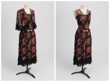 Load image into Gallery viewer, Vintage Antique 1920s original floral print chiffon art deco dress with flying panels and matching cape UK 8 10 US 4 6 S
