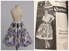 Load image into Gallery viewer, Vintage 1950s 1958 original Sportaville Wine labels grape novelty print cotton skirt UK 6 US 2 XS
