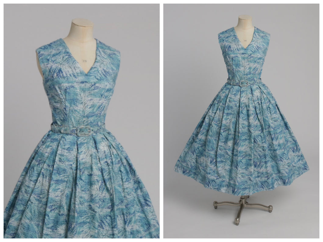 Vintage 1950s original blue fern feather leaf type print cotton dress with full skirt UK 6 8 US 2 4 XS S