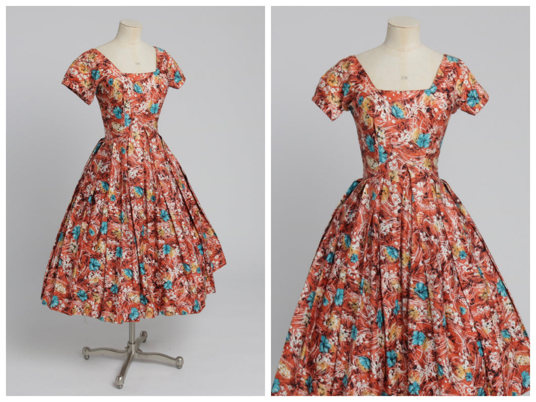 Vintage 1950s original orange floral print cotton dress by Melbray UK 6 8 US 2 4 XS S
