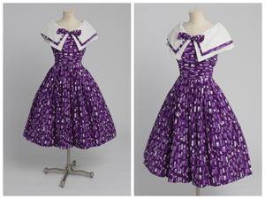 Vintage 1950s original novelty brushstroke print cotton dress with huge shawl collar UK 8 US 4 XS S