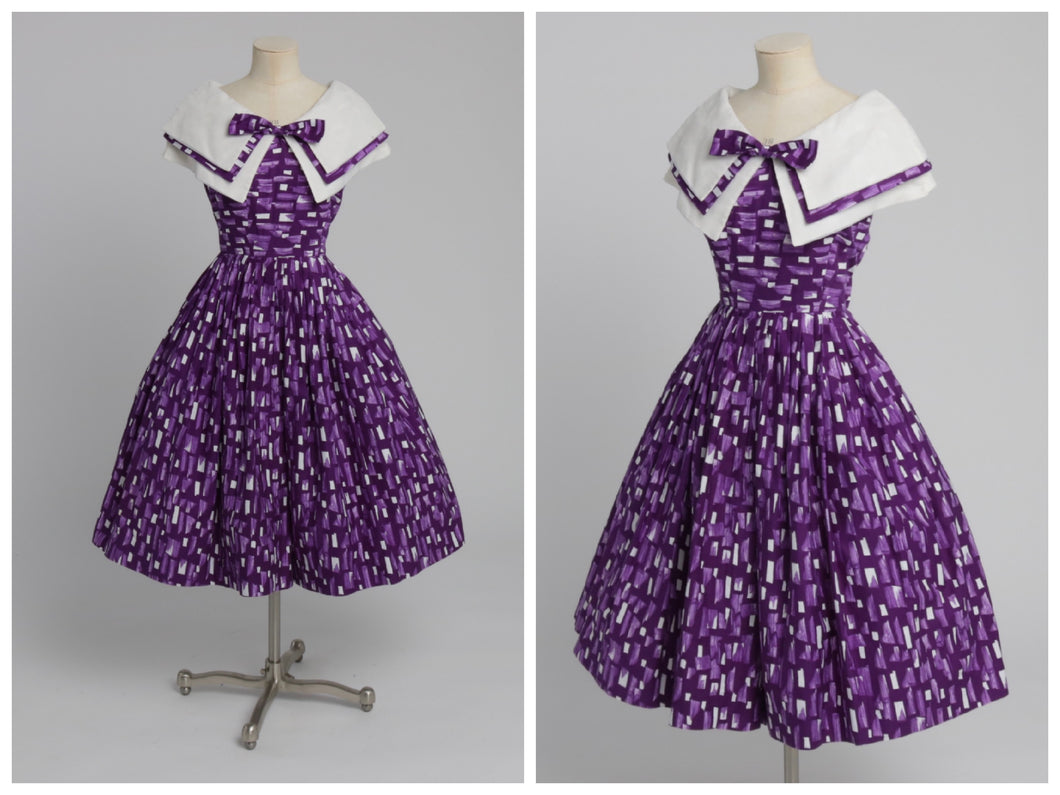 Vintage 1950s original novelty brushstroke print cotton dress with huge shawl collar UK 8 US 4 XS S