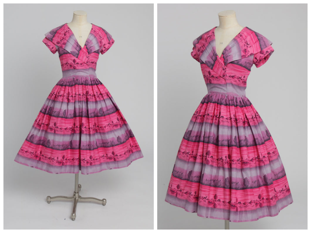 Vintage 1950s original novelty pink and purple stripe cotton dress UK 6 8 US 2 4 XS S
