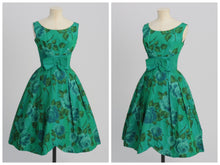 Load image into Gallery viewer, Vintage 1950s original blue green floral print taffeta dress with bow detail UK 6 US 2 XS
