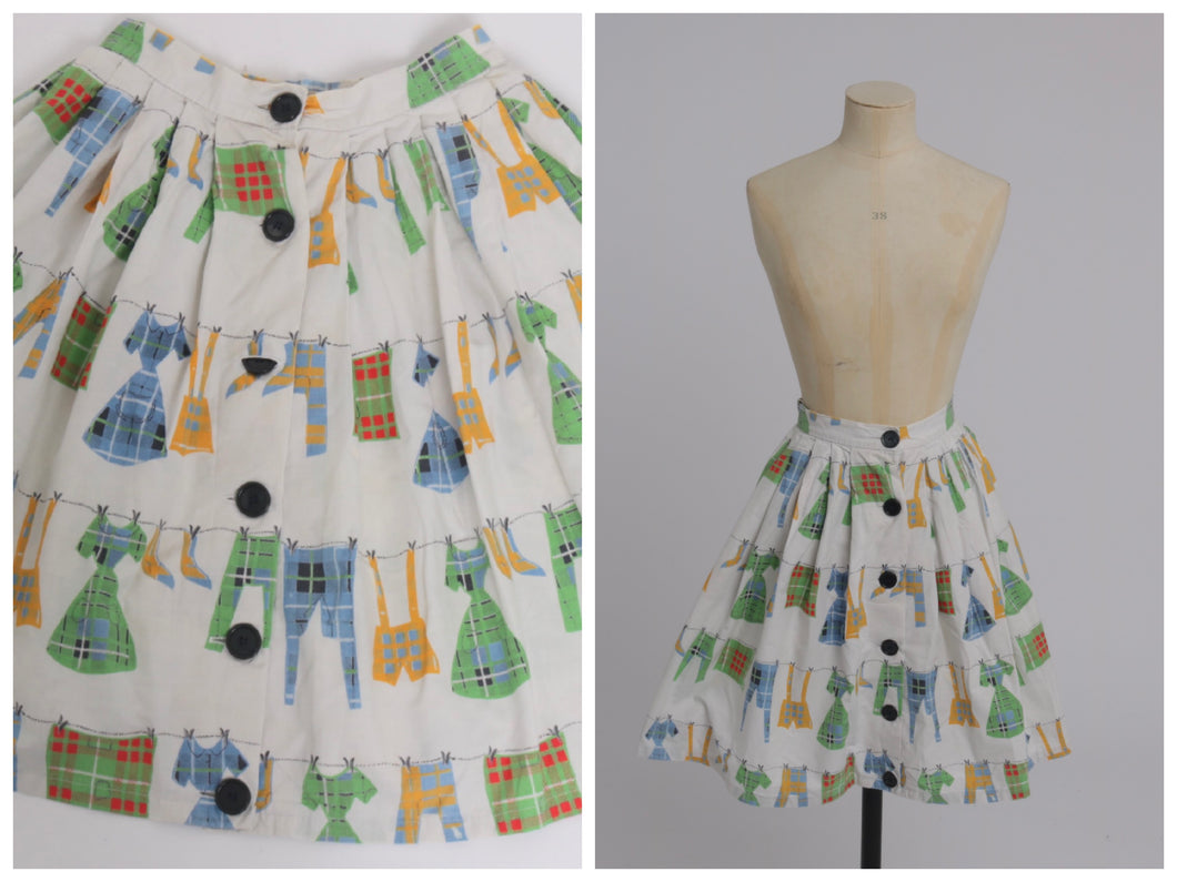Vintage 1950s original novelty washing line print cotton skirt by Sportaville UK 6 8 US 2 4 XS