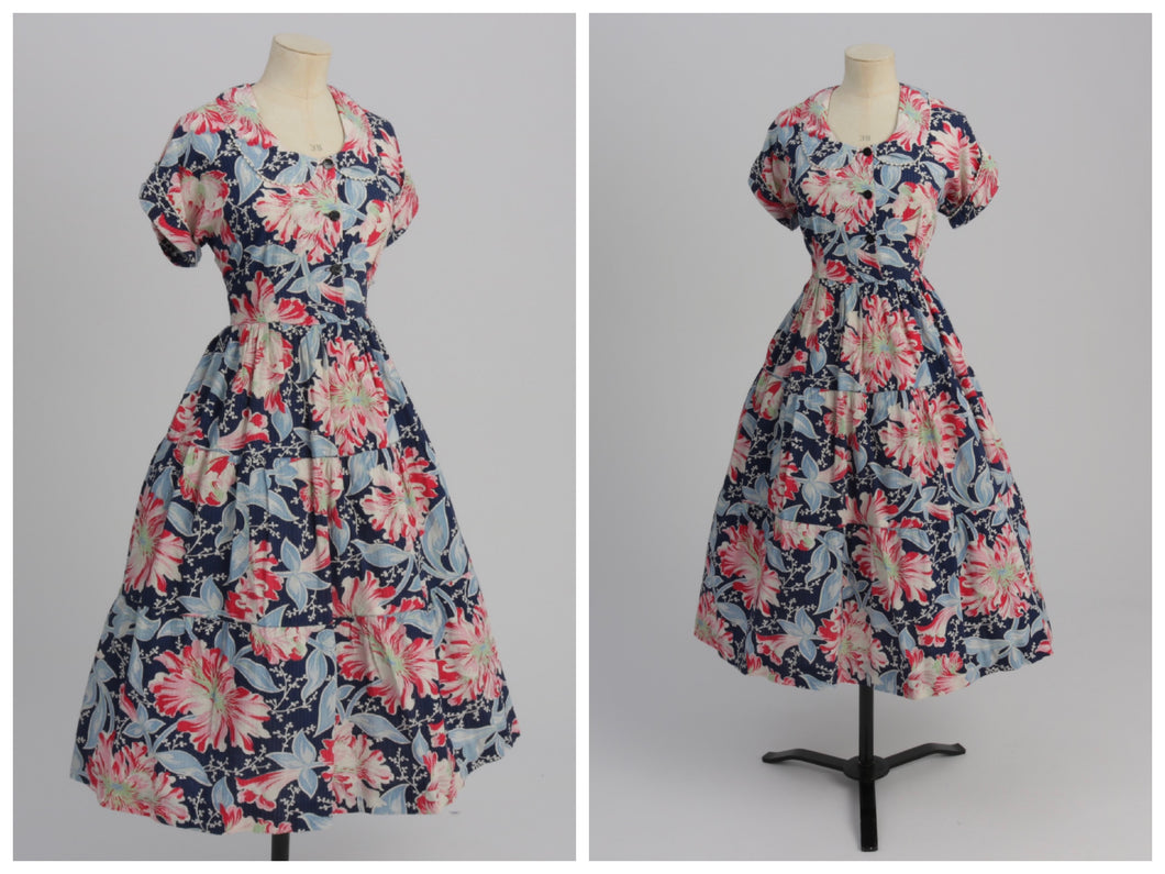 Vintage 1940s original feedsack type cotton floral print dress UK 12 US 8 M