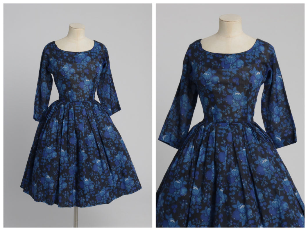 Vintage 1950s original floral fruit print cotton voile dress American UK 6 8 US 2 4 XS S