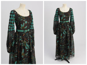 Vintage 1970s original Frank Usher floral print maxi dress with statement sleeves UK 6 8 US 2 4 XS S
