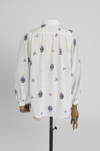 Vintage 1970s 1980s Hanae Mori novelty butterfly print blouse with balloon sleeves UK 6 XS