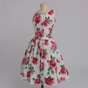 Vintage 1950s original floral rose print cotton dress UK 8 10 US 4 6 S