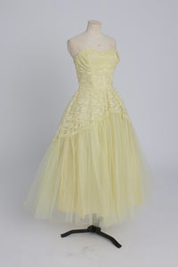 Vintage 1950s original lemon yellow lace and net cocktail dress UK 6 XS
