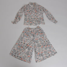 Load image into Gallery viewer, Vintage 1980s does 1950s novelty newspaper print 2 piece outfit blouse and culottes UK 8 10 US 4 6 S
