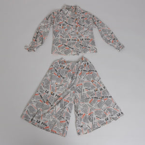 Vintage 1980s does 1950s novelty newspaper print 2 piece outfit blouse and culottes UK 8 10 US 4 6 S