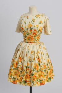 Vintage 1950s original yellow floral border print cotton dress UK 8 US 4 S