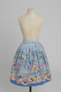 Vintage 1950s original novelty travel label print cotton skirt UK 8 S