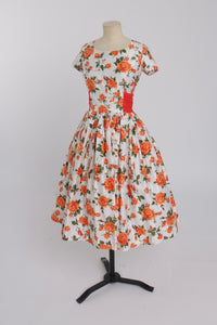 Vintage 1950s original orange floral print cotton dress  UK 8 S