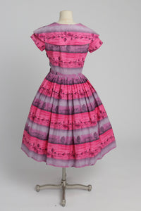 Vintage 1950s original novelty pink and purple stripe cotton dress UK 6 8 US 2 4 XS S