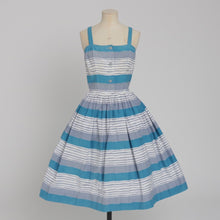 Load image into Gallery viewer, Vintage 1950s original blue and grey seaside stripe Horrockses fashions cotton dress and bolero UK 6 US 2 XS
