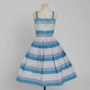 Vintage 1950s original blue and grey seaside stripe Horrockses fashions cotton dress and bolero UK 6 US 2 XS