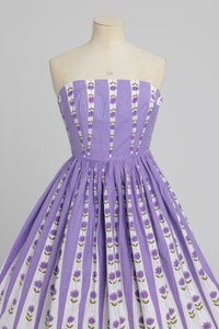 Vintage 1950s original Sambo fashions floral print purple cotton dress UK 6 8 XS S