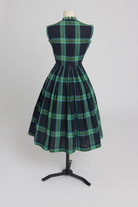 Vintage 1950s original House of Nine green check dress with bow details UK 6 XS
