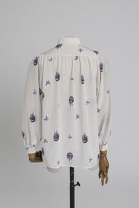 Vintage 1970s 1980s Hanae Mori novelty butterfly print blouse with balloon sleeves UK 6 XS