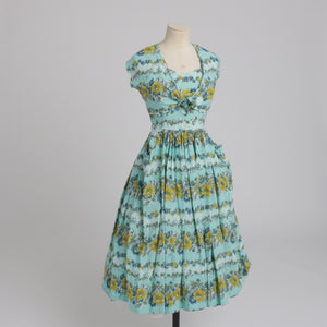 Vintage 1950s original floppy rayon floral print dress and bolero UK 6 8 XS