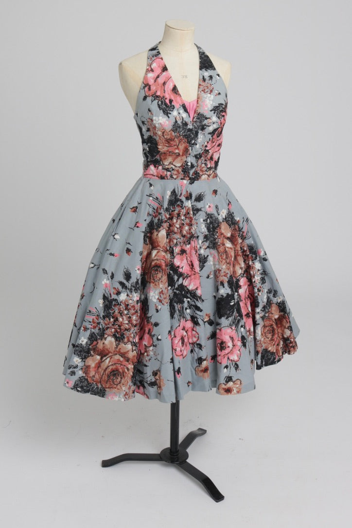 Vintage 1950s original floral rose print glitter accent cotton dress by Jackie Morgan UK 6 8 XS S