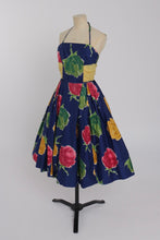 Load image into Gallery viewer, Vintage 1950s original blue cotton overblown floral print by Herald fashions UK 6 XS
