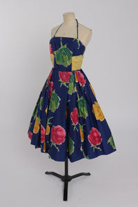 Vintage 1950s original blue cotton overblown floral print by Herald fashions UK 6 XS