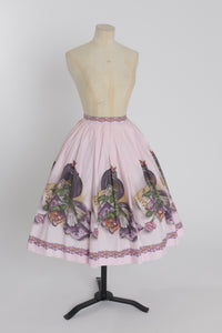 Vintage 1950s original Rhona Roy John Wolf textile novelty border print cotton skirt UK 6 US 2 XS