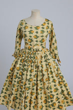 Load image into Gallery viewer, Vintage 1950s yellow rose print cotton dress with 3/4 length sleeves UK 8 S
