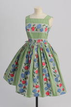 Load image into Gallery viewer, Vintage 1950s original floral print cotton stripe dress by St Michael Marks and Spencer UK 8 US 4 S
