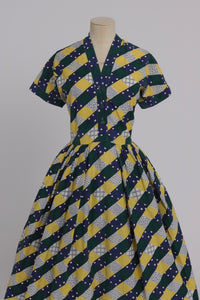 Vintage 1950s original Horrockses Fashions faux patchwork novelty print cotton dress UK 10 US 6 S