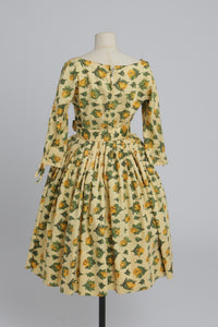 Vintage 1950s yellow rose print cotton dress with 3/4 length sleeves UK 8 S