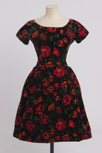 Load image into Gallery viewer, vintage 1950s 1960s original black velvet floral print hooped skirt Frank Usher cocktail dress UK 6 8 US 2 4 XS
