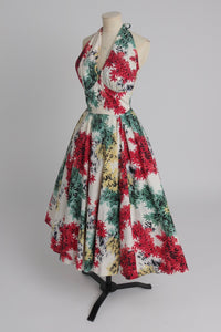 Vintage 1950s original Japanese leaf print cotton dress UK 6 XS