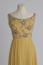 Load image into Gallery viewer, Vintage 1960s original buttercup yellow Malcolm Starr dress with beaded bodice UK 6 8 XS
