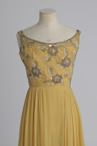 Vintage 1960s original buttercup yellow Malcolm Starr dress with beaded bodice UK 6 8 XS