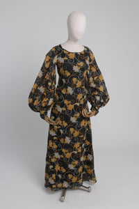 Vintage 1970s original black cotton blend maxi dress w balloon sleeves by Shelana XS S