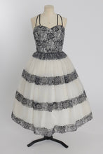 Load image into Gallery viewer, Vintage 1950s original novelty flocked border print cocktail dress by Blanes UK 8 US 4 S
