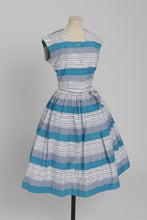 Load image into Gallery viewer, Vintage 1950s original blue and grey seaside stripe Horrockses fashions cotton dress and bolero UK 6 US 2 XS
