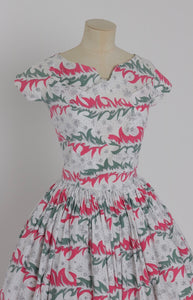 Vintage early 1950s original pink and green novelty floral print Horrockses Fashions dress UK 6 8 US 2 4 XS