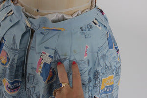 Vintage 1950s original novelty travel label print cotton skirt UK 8 S
