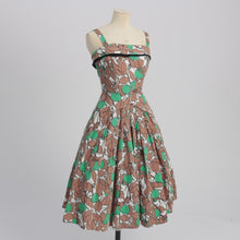Load image into Gallery viewer, Vintage 1950s original green and brown fruit print cotton dress and matching bolero UK 6 8 US 2 4 XS S
