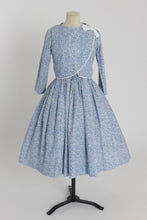 Load image into Gallery viewer, Vintage 1950s original Miss Polly Polly Peck blue graphic novelty print cotton dress and matching bolero UK 6 US 2 XS

