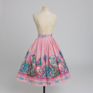 Vintage 1950s original novelty border print pink cotton skirt UK 10 S