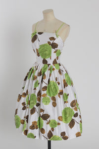 Vintage 1950s original bold green rose print cotton dress UK 8 10 US 4 6 S