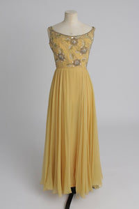 Vintage 1960s original buttercup yellow Malcolm Starr dress with beaded bodice UK 6 8 XS